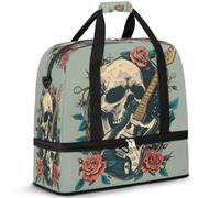 Rocknroll - Bolsa de viaje con diseño de calavera de guitarra para mujeres y hombres, bolsa de viaje para fin de semana, plegable, húmeda, separada, 47 L, bolsa de mano para deportes, gimnasio, yoga,