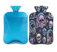 Rocknroll - Botella de agua caliente con diseño de calavera con funda, 2 L, bolsa de agua de gran capacidad para noches acogedoras, alivio del dolor, espalda, cuello y hombros
