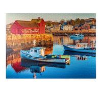 Rockport Harbor en Massachusetts con sus barcos de langosta y aldea se reflejan en las aguas tranquilas del día. Los colores dan a la ciudad una sensación nostálgica. - Rompecabezas de 1000 piezas