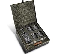 Rocks Set Decantador Whisky con 4 Vasos Whisky Cristal y 6 Piedras para Whisky de Granito - Botella de Cristal para Licor, Whisky, Bourbon con Vasos Whisky Degustación - Caja Regalo con Lámina de Oro