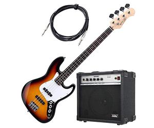 Rocktile Fatboy II SB Bajo Eléctrico Sunburst Set de Amplificador | Bajo estilo Jazz, 2 pastillas Single Coil, 2 controles de volumen/1 control de tono, Cuerpo: tilo, Mástil: arce (sin tratar)