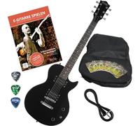 Rocktile LP-100 BL Guitarra Eléctrica Black con Accesorios (Funda Gigbag para Guitarra, Cable, Púas, Escuela de Guitarra con CD y DVD, Cuerdas para Guitarra)