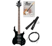 Rocktile Pro BB104-B BattleBone Set de Bajo Eléctrico - Bajo en Diseño Heavy con 2 Pastillas y 2 Controles de Tono - Incluye Correa para Guitarra, Cable y Escuela de Bajo - Negro