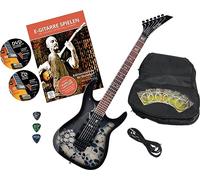 Rocktile Pro JK150F-BSK Guitarra Eléctrica Skull con Accesorios (Funda Gigbag para Guitarra, Cable, Púas, Escuela de Guitarra con CD y DVD, Cuerdas para Guitarra)