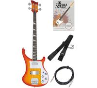 Rocktile Pro RB-400R Redneck E-Bass Set: bajo eléctrico 4 cuerdas, 2 pickups single coil, mástil con incrustaciones de perla. Incluye correa, cable y escuela de bajo con DVD. Color Red Sunburst.