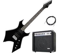 Rocktile Warhead E-Gitarra Set AK20G - Cuerpo de tilo, diapasón de madera dura seleccionada - Set incluye combo amplificador de 60W y cable de instrumento de 3m - Ideal para rock, metal y más - Negro