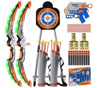 ROCKY&CHAO Arco y flecha para niños, 2 luces LED de tiro con arco, juego con 12 flechas de ventosa, diana de pie, 2 pistolas de juguete, objetivo de lata, juegos al aire libre para niños, regalo para