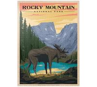Rocky Mountain National Park - Alce en el amanecer rocoso, póster de viaje vintage - Rompecabezas de 1000 piezas premium para adultos