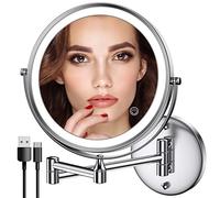 Rocollos Espejo de Baño Recargable con Luz, 1X/10X Aumento Espejo Cosmético Iluminoso de Doble Cara, Control por Interruptor Táctil, Brillo Ajustable, Espejo de Afeitar para Baño (Cromo)