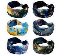 RODAILYCAY 6 paquetes de diademas antideslizantes para mujer, diademas anudadas con cruz, flores y mariposas con fondo brillante de universo de sendero, banda ancha para el cabello para entrenamiento