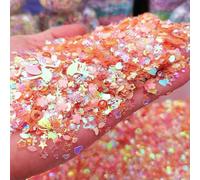 Rodajas de arcilla luminosa caliente con purpurina, mezcla de estrellas, corazones y flores, copos fluorescentes que brillan en la manicura, color naranja, 50 gramos