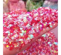 Rodajas de arcilla luminosa caliente y lentejuelas brillantes, mezcla de estrellas, corazones y flores, escamas fluorescentes que brillan en la decoración de uñas, manicura, rojo, 50 gramos