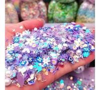 Rodajas de arcilla luminosa caliente y lentejuelas brillantes, mezcla de estrellas, corazones y flores, copos fluorescentes que brillan en la manicura, decoración de uñas, morado, 20 gramos