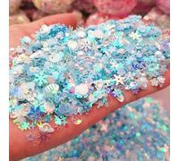 Rodajas de arcilla luminosa caliente y lentejuelas brillantes, mezcla de estrellas, corazones y flores, escamas fluorescentes que brillan en la decoración de uñas, manicura, azul cielo, 50 gramos