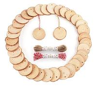 Rodajas Madera, ilauke 60 Piezas 4-5 cm Discos de Madera con Agujero con Cuerda de Yute Natural + Cuerda de Algodón Rojo y Blanco, para Manualidades, Artesanía, Troncos de Madera, Decoración Navideña