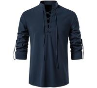 Rodawu Camisa Viking/Henley para Hombre, Azul, Talla Regular, Manga Larga, Cuello con Cordón, Color Sólido, Perfecta para Hombres, Entusiastas de la Historia, Versátil para Todas las Edades, azul
