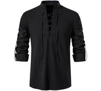 Rodawu Camisa Viking/Henley para Hombre, Azul, Talla Regular, Manga Larga, Cuello con Cordón, Color Sólido, Perfecta para Hombres, Entusiastas de la Historia, Versátil para Todas las Edades, Negro, M