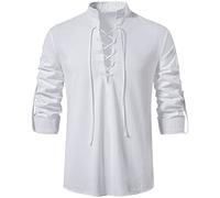 Rodawu Camisa vikinga/Henley para hombre, azul, talla regular, manga larga, cuello con cordón, color sólido, perfecta para hombres, entusiastas de la historia, edades versátiles, blanco, M