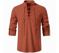 Rodawu Camisa vikinga/Henley para hombre, azul, talla regular, manga larga, cuello con cordón, color sólido, perfecta para hombres, entusiastas de la historia, edades versátiles, naranja, L
