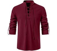 Rodawu Camisa vikinga/Henley para hombre, azul, talla regular, manga larga, cuello con cordón, color sólido, perfecta para hombres, entusiastas de la historia, edades versátiles, rosso, XL
