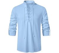 Rodawu Camisa vikinga/Henley para hombre, azul, talla regular, manga larga, cuello con cordón, color sólido, perfecta para hombres, entusiastas de la historia, edades versátiles, azul claro, 3XL