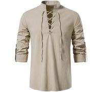 Rodawu Camisa vikinga/Henley para hombre, azul, talla regular, manga larga, cuello con cordón, color sólido, perfecta para hombres, entusiastas de la historia, edades versátiles, caqui, L