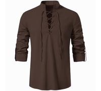 Rodawu Camisa vikinga/Henley para hombre, azul, talla regular, manga larga, cuello con cordón, color sólido, perfecta para hombres, entusiastas de la historia, edades versátiles, café, M