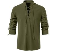 Rodawu Camisa vikinga/Henley para hombre, azul, talla regular, manga larga, cuello con cordón, color sólido, perfecta para hombres, entusiastas de la historia, edades versátiles, verde oscuro, 3XL