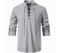 Rodawu Camisa vikinga/Henley para hombre, azul, talla regular, manga larga, cuello con cordón, color sólido, perfecta para hombres, entusiastas de la historia, edades versátiles, gris, L