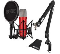 Rode NT1 Signature Red - Micrófono de estudio rojo + trípode de brazo articulado PSA-1 Plus negro + paño de microfibra keepdrum