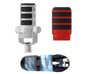 Rode Podmic USB XLR - Micrófono dinámico con altavoz WS14R, protección contra pop WS14R, color rojo y cable keepdrum XLR