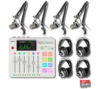 Rode RODECaster Pro 2 (blanco) Consola de producción con 4 micrófonos PodMic Podcasting, brazos profesionales PSA1+, auriculares sobre la oreja, tarjeta microSD de 32 GB, cables XLR y paño StreamEye