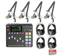 Rode RODECaster Pro II - Consola de producción de audio con 4 micrófonos de podcasting Rode PodMic, brazos profesionales Rode PSA1+, auriculares sobre la oreja, tarjeta microSD de 32 GB, cables XLR y