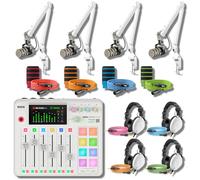 Rode RODECaster Pro II - Paquete de 4 hosts de monitoreo de referencia blanco con 4 PodMic, 4 brazos blancos PSA1+, 4 auriculares NTH-100 W, cables XLR y NTH de color, filtros pop WS14 - Mezclador