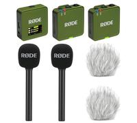 Rode Wireless GO Gen 3 - Micrófono inalámbrico de 2 canales, color caqui con 2 adaptadores de mano entrevista GO y 2 protectores de pelo Keepdrum