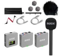 Rode Wireless GO Gen 3 - Micrófono inalámbrico de 2 canales, color gris piedra con adaptador de mano entrevista GO y protector de viento Keepdrum BK
