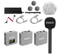 Rode Wireless GO Gen 3 - Micrófono inalámbrico de 2 canales, color gris piedra con adaptador de mano entrevista GO y protector de viento keepdrum