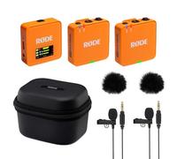 Rode Wireless GO Gen 3 - Micrófono inalámbrico de 2 canales, color naranja con estuche de carga, 2 micrófonos Lavalier GO y 2 protectores de viento de piel