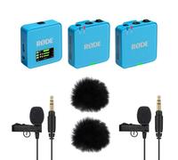 Rode Wireless GO Gen 3 - Sistema inalámbrico de micrófono de 2 canales, color azul con 2 micrófonos Lavalier GO y 2 protectores de pelo Keepdrum