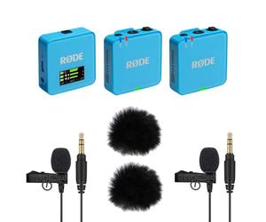 Rode Wireless GO Gen 3 - Sistema inalámbrico de micrófono de 2 canales, color azul con 2 micrófonos Lavalier GO y 2 protectores de pelo Keepdrum
