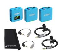 Rode Wireless GO Gen 3 - Sistema inalámbrico de micrófono de 2 canales, color azul con 2 micrófonos Smartlav+ y 2 adaptadores SC3 y paño keepdrum
