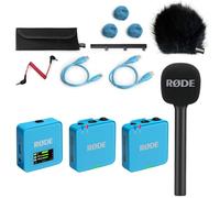 Rode Wireless GO Gen 3 - Sistema inalámbrico de micrófono de 2 canales, color azul con adaptador de mano entrevista GO y cortavientos Keepdrum BK