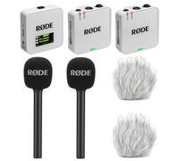 Rode Wireless GO Gen 3 - Sistema inalámbrico de micrófono de 2 canales, color blanco, con 2 adaptadores de mano para entrevista GO y 2 protectores de pelo Keepdrum