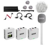 Rode Wireless GO Gen 3 - Sistema inalámbrico de micrófono de 2 canales, color blanco con adaptador de mano Entreview GO y protector de viento Keepdrum