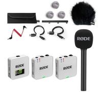 Rode Wireless GO Gen 3 - Sistema inalámbrico de micrófono de 2 canales, color blanco con adaptador de mano entrevista GO y cortavientos Keepdrum BK