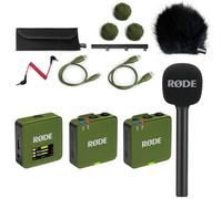 Rode Wireless GO Gen 3 - Sistema inalámbrico de micrófono de 2 canales, color caqui con adaptador de mano entrevista GO y protector de viento Keepdrum BK