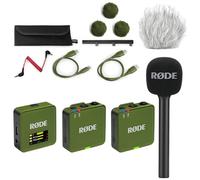 Rode Wireless GO Gen 3 - Sistema inalámbrico de micrófono de 2 canales, color caqui con adaptador de mano entrevista GO y protector de viento keepdrum