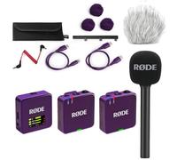 Rode Wireless GO Gen 3 - Sistema inalámbrico de micrófono de 2 canales, color morado con adaptador de mano entrevista GO y protector de viento keepdrum