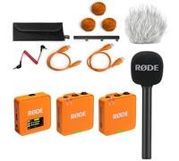 Rode Wireless GO Gen 3 - Sistema inalámbrico de micrófono de 2 canales, color naranja con adaptador de mano entrevista GO y protector de pelo keepdrum