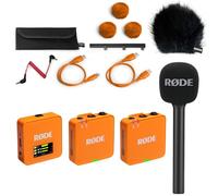 Rode Wireless GO Gen 3 - Sistema inalámbrico de micrófono de 2 canales, color naranja con adaptador de mano entrevista GO y cortavientos Keepdrum BK